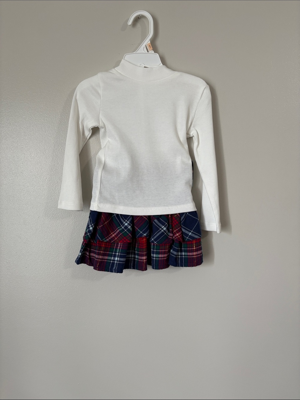 okie dokie White Long-Sleeve Turtleneck Dress with Navy and Red Plaid Skirt